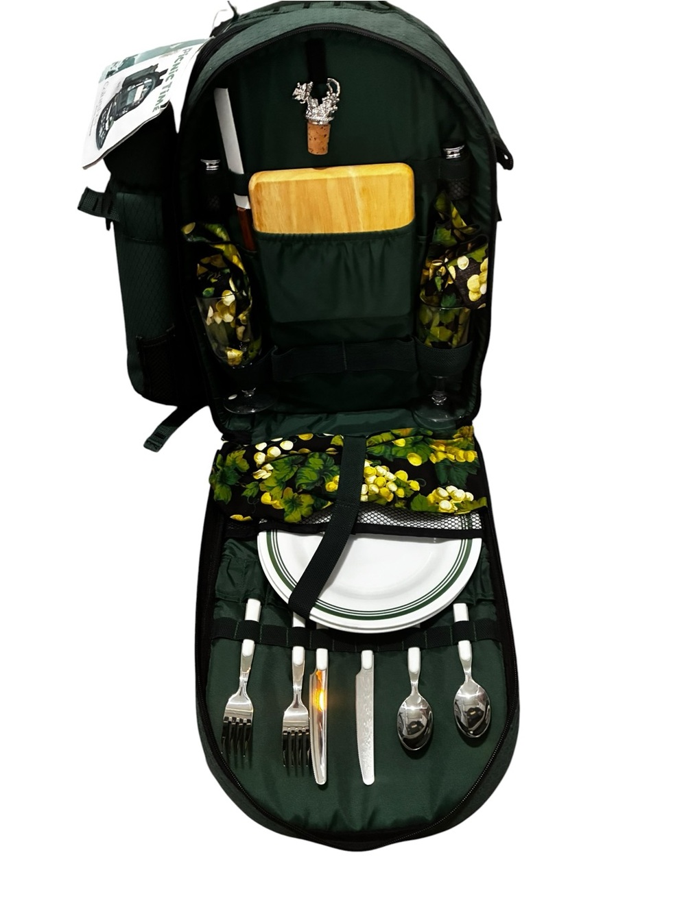 Vintage Deluxe Dark Green Picnic Backpack with Cutlery Set